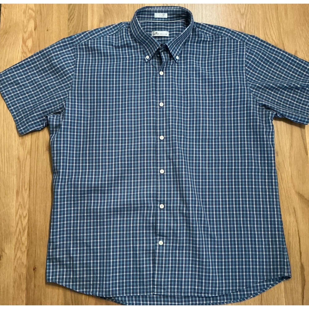 Peter Millar Mens XL Blue‎ Plaid Woven Sport Shirt Button Down Short Sleeve